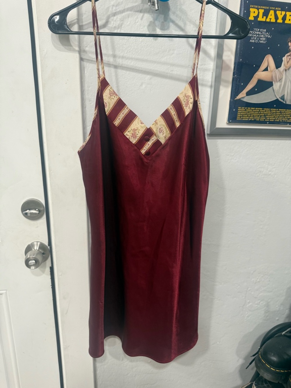 Deep Burgundy Satin Slip Dress with Gold-Trim V-Neck vintage Y2K
